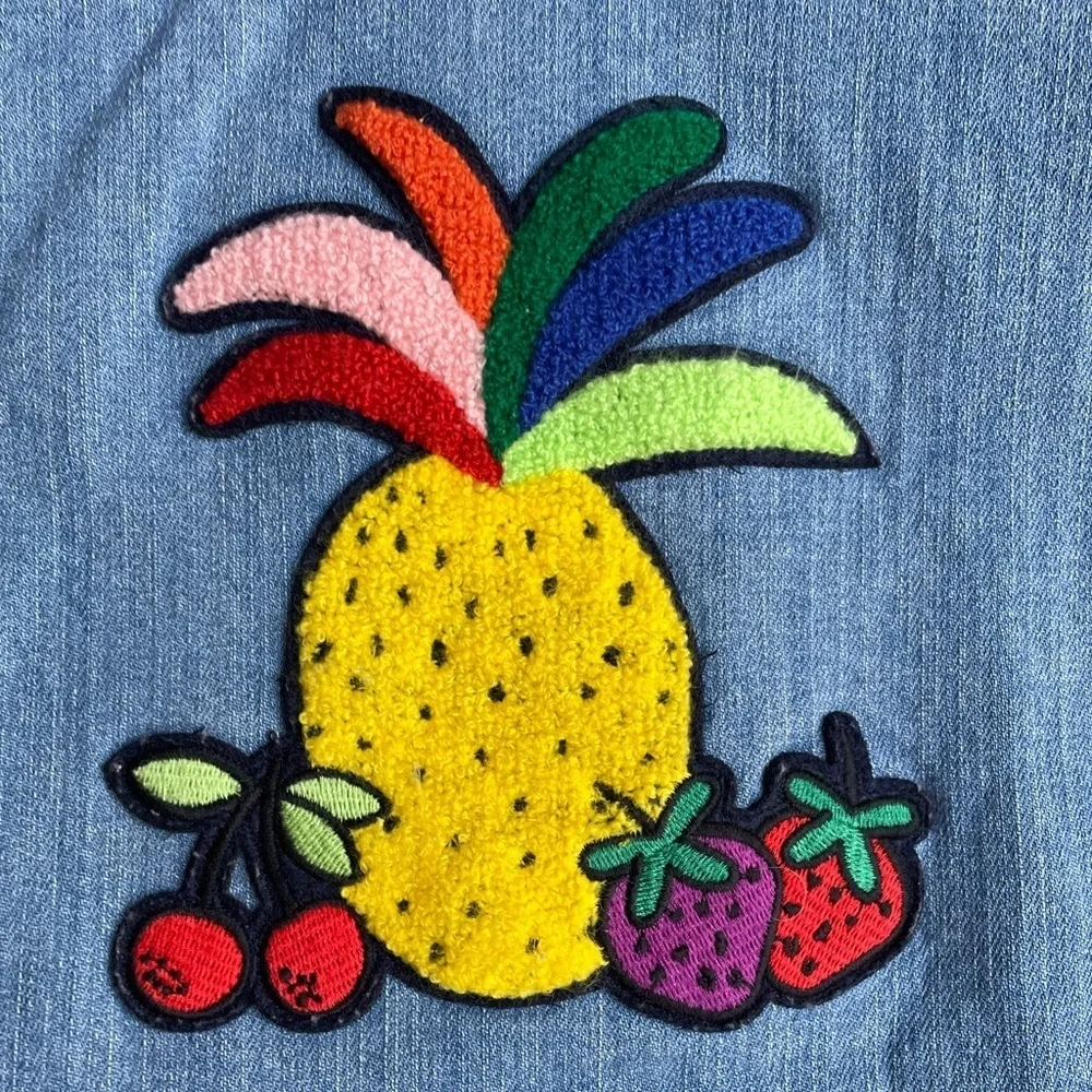 Hanna Anderson Kids Jean Jacket With Colorful Fruit Patches On Front/Back SZ 5